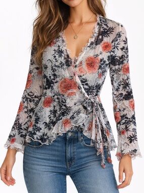 Cache Romantic Sheer Floral Wrap Blouse in White, Black and Pink